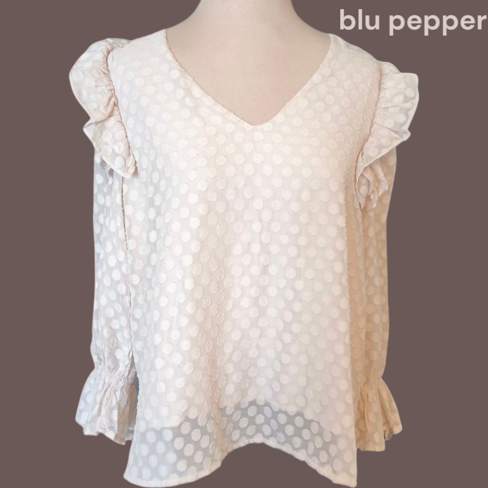Blu Pepper Cottagecore Cream Textured Polka Dot Blouse with Ruffled Sleeves Med